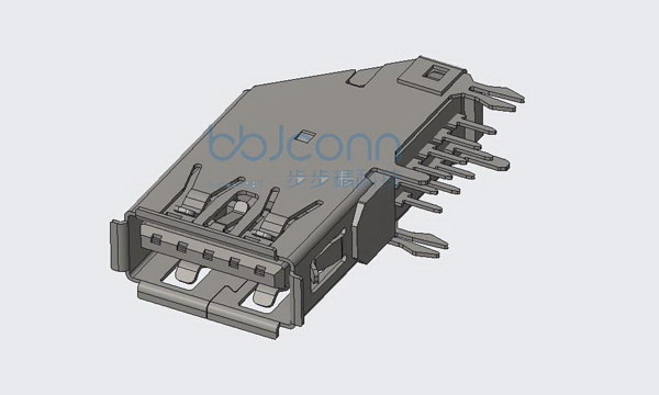 USB 3.0 AF 90度 四脚插 鱼叉脚 侧插 L=25.70 H=6.52 端子DIP 卷边 LCP蓝胶 不锈钢壳