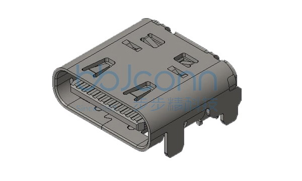 U4 40G速率 TYPE-C 24P 母座 有后盖单壳板上四脚插带柱 SMT 外壳脚长0.90 L=8.27 CH1.57 编带