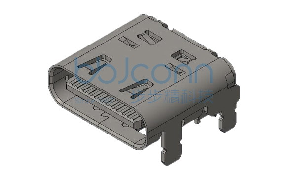 U4 40G速率 TYPE-C 24P 母座 有后盖单壳板上四脚插带柱 SMT 外壳脚长1.60 L=8.27 CH1.57 编带
