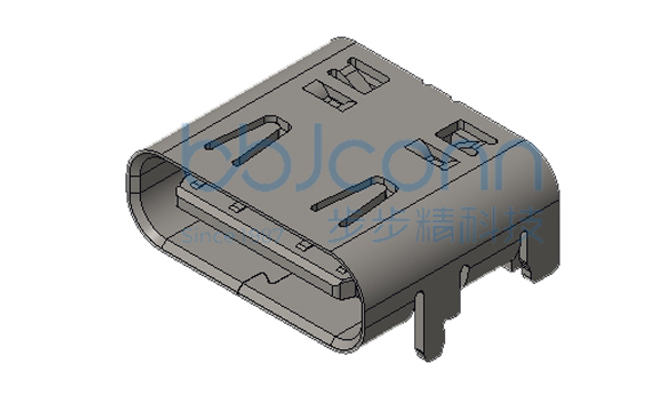 TYPE-C 16P 母座 SMT 镀金1U 板上四脚插 带柱 外壳四铆点带弹不折弯凸包印子 L=7.35 CH=1.68 编带