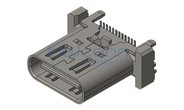 USB 3.2 TYPE-C 24P 母座 直立式 四脚插 带柱 外壳带弹 外壳脚长1.83 端子SMT H=10.0 编带