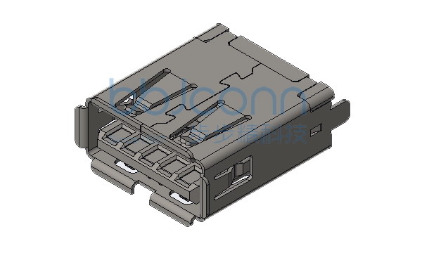 USB 3.0 A母 180 两脚插 无柱 卷边 带弹 L=19.3 LCP黑胶 端子DIP 外壳脚长1.8 铜壳 盒装