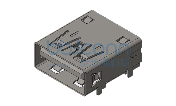 USB 3.0 A母 90度 短体 SMT 四脚插 错位 带柱 带凸点 L=14.25 H=6.10 平口 铜壳 LCP蓝胶 C1款 编带