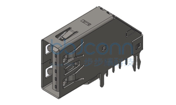 USB 3.0 A母 侧插 DIP 小鱼叉直脚 平口 LCP蓝胶 不锈钢外壳 L=25.70 编带