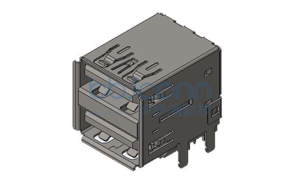 USB 3.0 AF 90度 双层 L=17.50 四脚直插 端子DIP脚长2.6 卷边 LCP蓝胶 不锈钢外壳 盒装