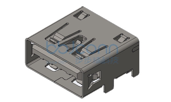 USB 3.0 AF 90度 板上四脚插 端子DIP 平口 L=12.50 LCP蓝胶 不锈钢外壳 编带