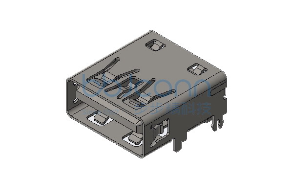 USB 3.0 AF 90度 后两脚鱼叉 前两脚直插 L=13.7 H=6.26 PA9T蓝胶 平口 不锈钢外壳 DIP
