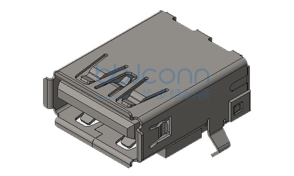 USB 3.0 AF 90度 L=16.70 H=6.96 后两脚插 弯脚 端子DIP 端子脚长2.30 卷边 LCP蓝胶 不锈钢外壳 端子镀金3u