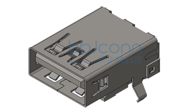 USB 3.0 AF 90度 L=16.70 H=6.96 后两脚弯插 端子DIP脚长2.5 平口 LCP蓝胶 不锈钢外壳 耐高温通孔回流焊 盒装