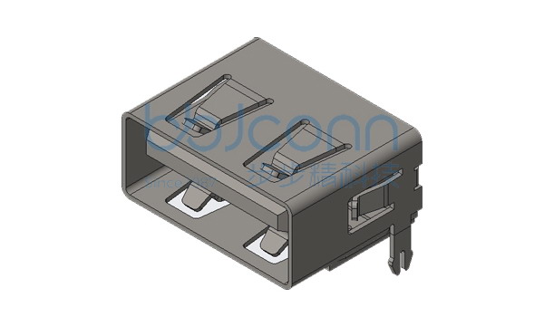 USB 2.0 A母 90度 后两脚插 鱼叉脚 SMT 平口 铜壳 LCP黑胶 L=10.0 镀金GF 盒装