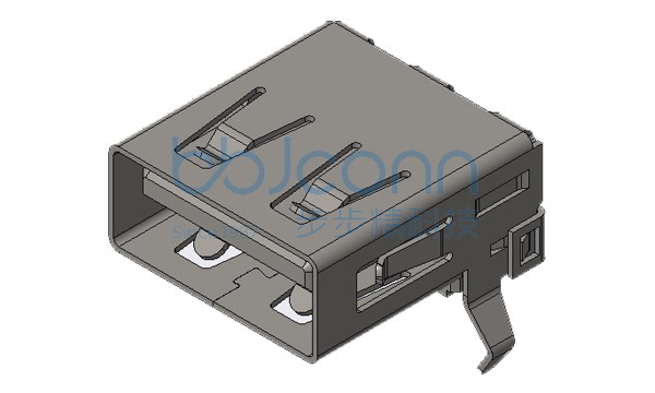 USB 2.0 AF 90度 L=14.10 H=6.90 有盖 后两脚弯插 脚距15.60 端子DIP 平口 LCP蓝胶 铁壳