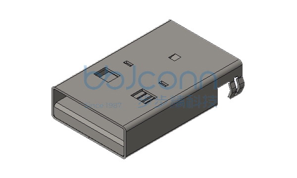 USB 2.0 公头 弯角沉板2.5 端子(SMT) 带柱 L=18.75 平口 铁壳 PBT黑胶