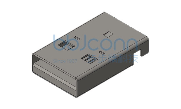 USB 2.0 公头 180度 卧式直脚 L=18.75 沉板2.6 带柱 端子SMT 平口 LCP本色 铁壳