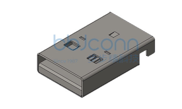 USB 2.0 公头 180度 卧式直脚 L=18.75 沉板2.6 无柱 端子SMT 平口 LCP灰胶 铜壳