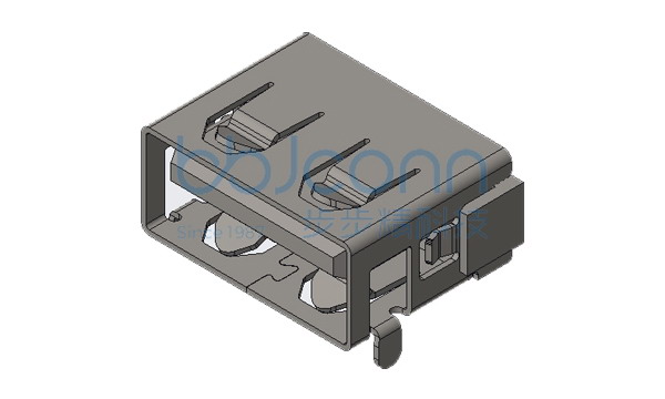 USB 2.0 AF 短体 90度 外壳前两脚DIP 端子SMT L=10.0 H=5.75 平口 铜壳 LCP黑胶 编带