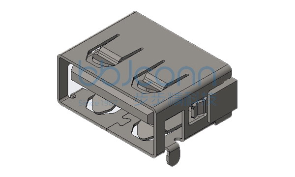 USB 2.0 AF 短体 90度 外壳前两脚DIP 端子SMT L=10.0 H=5.75 平口 铁壳 LCP黑胶 盒装