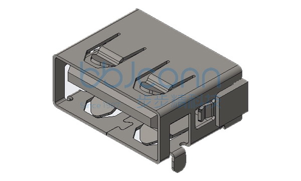 USB 2.0 AF 短体 90度 外壳前两脚DIP 端子SMT L=10.0 H=5.75 平口 铁壳 LCP黑胶 编带
