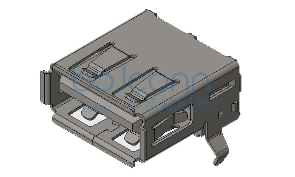 USB 2.0 AF 90度 L=14.05 H=6.96 后两脚插 弯脚 端子DIP 端子镀金30u 卷边 PBT黑胶 铁壳