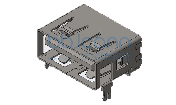 USB 2.0 AF 90度 短体L=10.0 H=6.3 前两脚插（端子C7025-DIP）接触区镀金3u 焊接区镀雾锡 平口 PA9T紫胶 铁壳 大电流5A