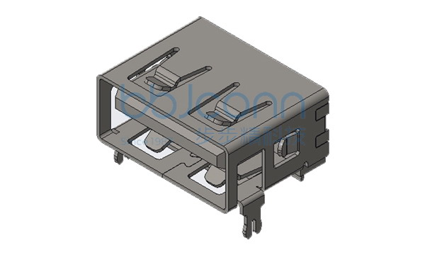 USB 2.0 AF 90度 短体L=10.0 H=6.3 前两脚插（端子C7025-DIP）平口 PBT黑胶 铁壳 大电流5A