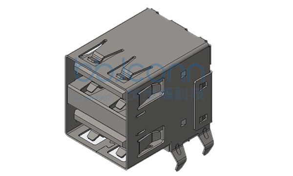 USB 2.0 AF 双层 90度 L=17.50 弯脚 DIP 平口 PBT蓝胶 铁壳