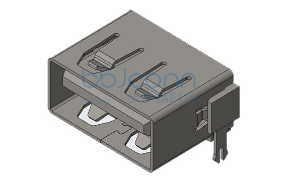 USB 2.0 母座 90度 短体 外壳后两脚插 端子DIP L=10.0 H=6.80 卷边 铜壳 PBT黑胶 盒装