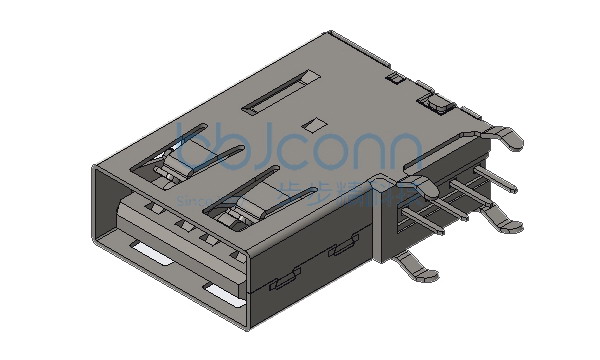 USB 2.0 AF 侧插长体 L=19.40 H=13.85 弯脚 脚距6.90 端子DIP 平口 PBT白胶 铁壳
