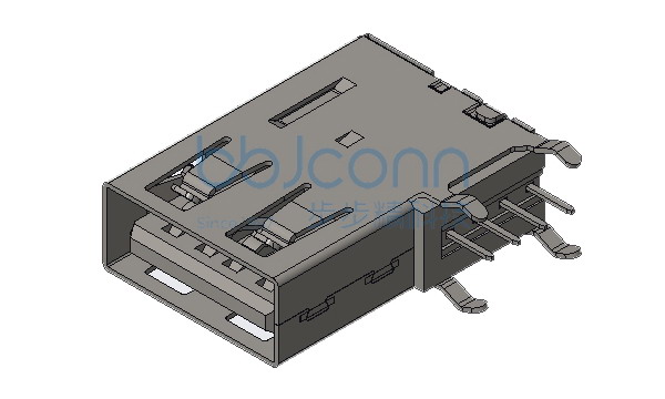 USB 2.0 A母 DIP 侧插 弯脚 脚距6.90 平口 铁壳 PBT白胶 长体 L=19.40 H=13.85 编带