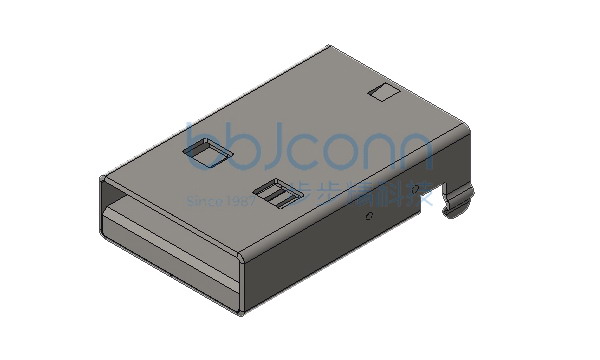 USB 2.0 公头 180度 卧式直脚 L=18.75 沉板1.3 带柱 端子SMT 平口 LCP黑胶 铁壳 盐雾24H 接触区镀金3u 盒装