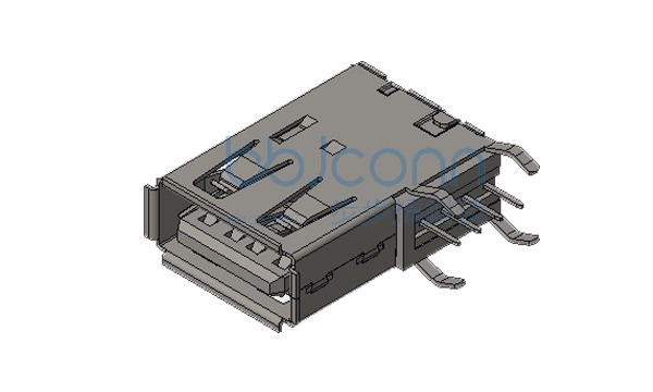 USB 2.0 母座 侧插弯脚长体 L=19.50 H=13.70 卷边 PBT白胶 铁壳 端子镀金1u
