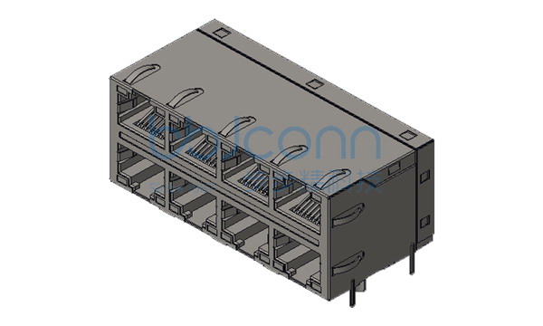 网络接口 RJ45 2x4 8P8C 90度 L=28.40 百兆滤波 带灯 左绿右黄 带弹 全包 DIP 盒装