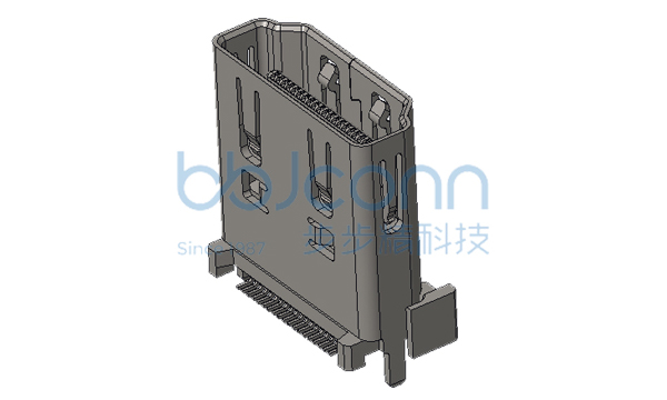 HDMI 19P 母座 直立式 外壳三脚DIP 端子SMT  H=15.0 带侧弹片 平口 铁壳 LCP黑色 编带 