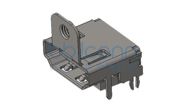 HDMI 19P A母 90度 三排DIP 端子镀金1u 两直脚两鱼叉脚四正反弹片 有柱 全包式 平口 铜壳镀镍 螺孔高11.3 L=12.50 盒装