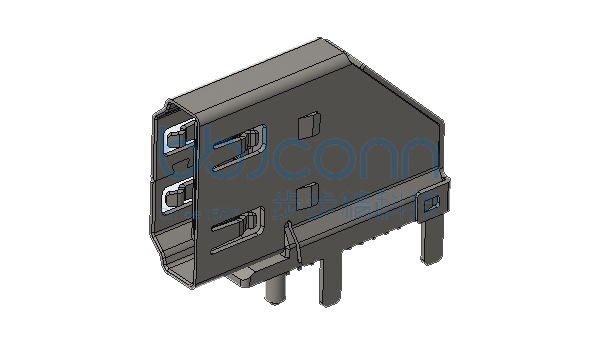 HDMI 2.1版 母座 19P AF 侧插 L=23.06 四脚直插 带柱 针长1.8 DIP 平口 铜壳 带防尘盖 编带